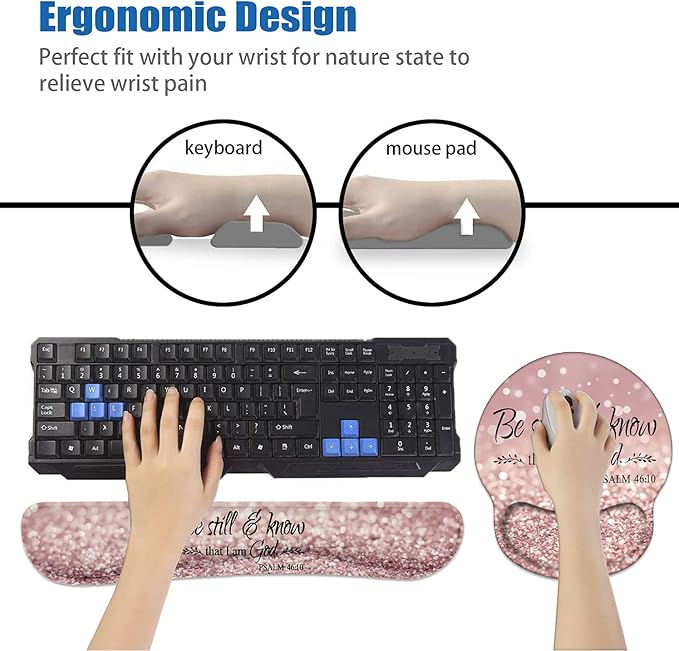 Keyboard Wrist Rest and Mouse Pad Wrist Rest Support Set with Coasters, Non-Slip PU Base for Gaming and Office, Comfortable & Lightweight for Easy Typing & Pain Relief - Quote Bible Verses Psalm 46:10