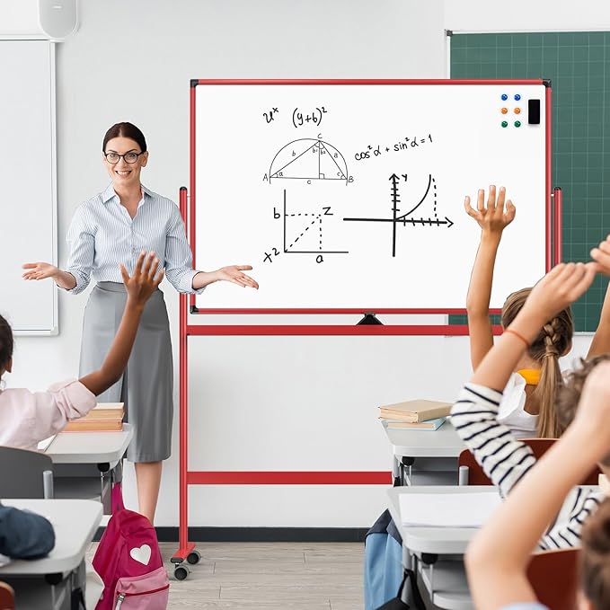 Large Dry-Erase Rolling Magnetic Whiteboard - 48 x 32 Inches Dry Erase Board with Stand Height Adjust Double Sides Mobile White Board Easel on Wheels with 25 Sheets Paper Pad Office, Home & Classroom