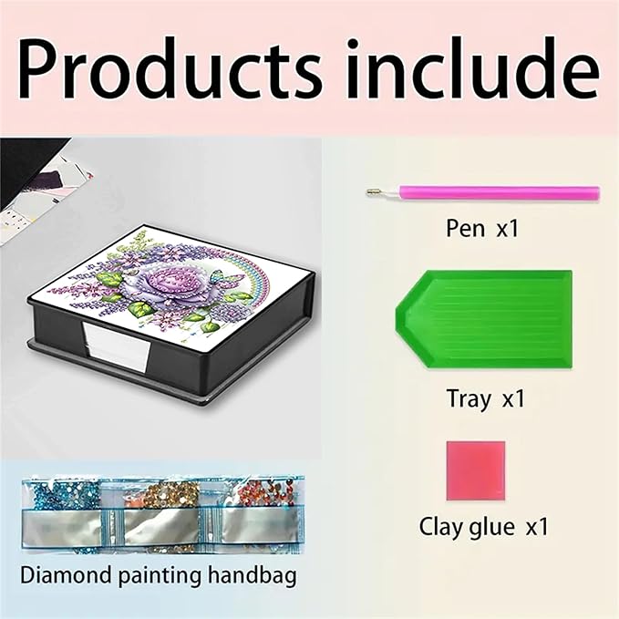 Flower Diamond Painting Note Box Memo Pad Holder, Rose Diamond Art Sticky Notes Organizer for Desk, Aesthetic Stationery Storage Case for Office,School Supplies (Rose)