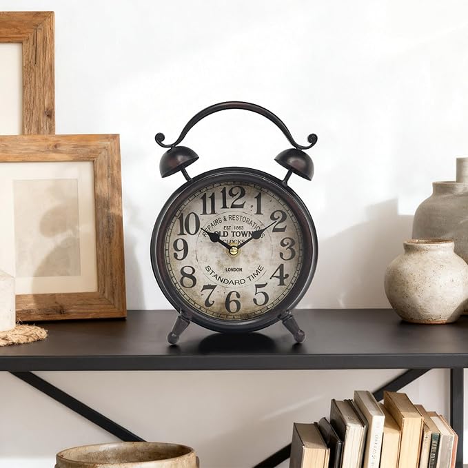 Vintage Dark Brown Desk Clock, Decorative Table Clock with Bell Top, Silent Non-Ticking Mantel Clock for Living Room or Bedroom, Wood Dial, Battery Operated
