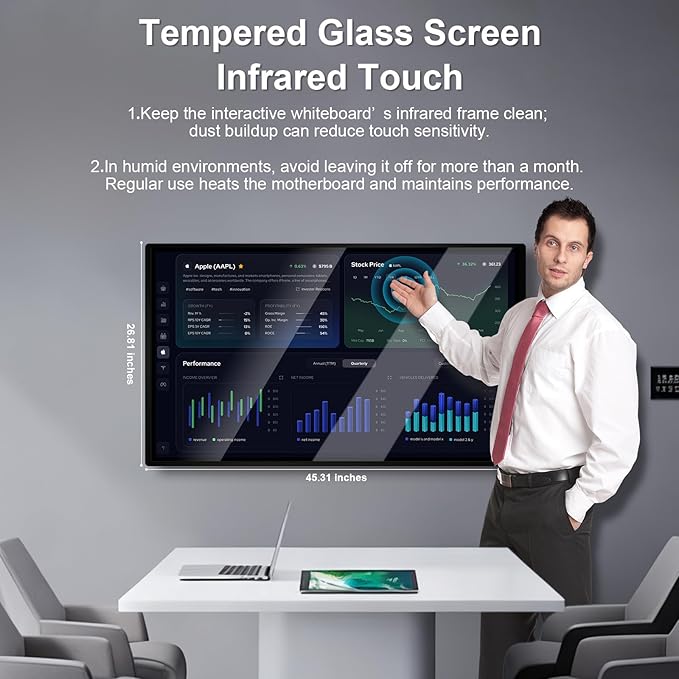 49" Interactive Smart Board for Classrooms, Labs & Churches - Office-Ready 1080P Touchscreen Whiteboard with Wireless Screen Mirroring, Multi-Device Sharing, Robust Android 12 OS (Board Only)