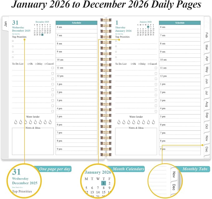 2025-2026 Daily & Monthly Planner - One Page Per Day, Daily Planner 2025-2026 from July 2025 to June 2026, Planner 25-26 with 12 Monthly Tabs, 6.4" x 8.5", Rose Leaf