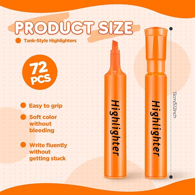 Qilery 72 Pack Highlighters Bulk, Tank Style Chisel Tip Highlighters Markers Pack Quick Drying for Adult Coloring, Home Office Supplies (Orange)