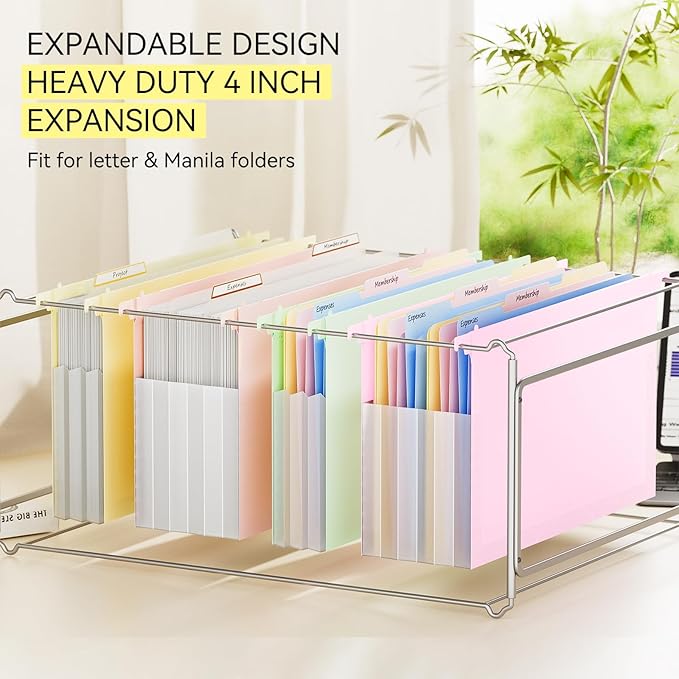 ThinkTex Plastic Expanding Hanging File Folders,Reinforced 4.72" Hanging Accordian Folder，Large Capacity one Pocket, Removable Labels,Insertable Tabs, Legal Size for Filing Cabinet -4 Pack