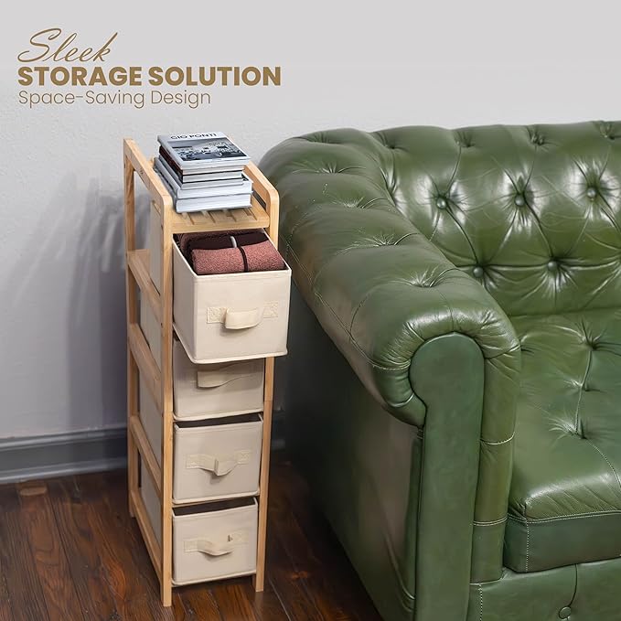 HH DESIGNS Wooden Narrow Dresser- Skinny with 4 Fabric Drawers- Slim for Small Spaces- Vertical Bamboo Storage- Skinny for Bedroom, Living Room, Laundry Room