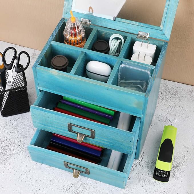 Wooden Storage Box Wooden Desk Organizer with 2 Drawers and 6 Grids Apothecary Drawers Small Wooden Drawers Small Craft Storage Containers Jewelry Holder for Women(Glass Blue02)