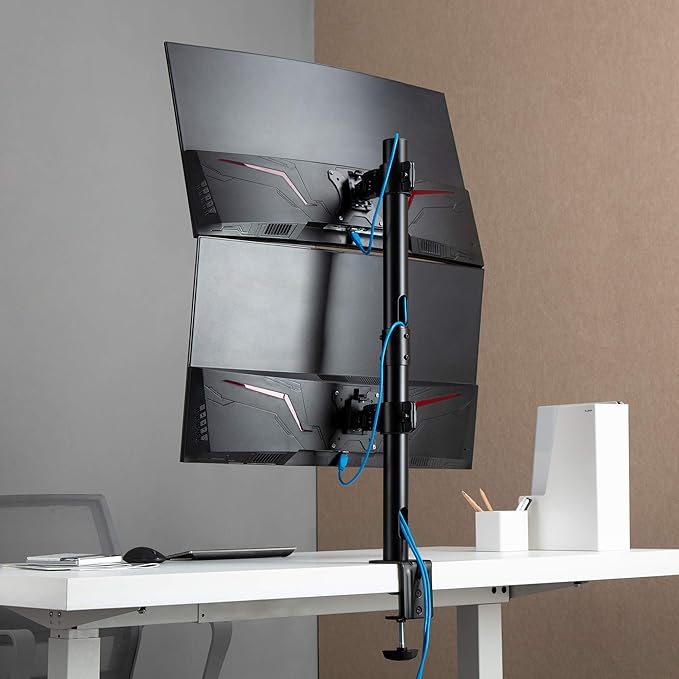 AVLT 38" Vertical Ultrawide Monitor Mount Stand Two Stacked 26.5 lbs Screens on Heavy-Duty Pole Save Workspace with Fine-Tune Height Tilt Swivel Rotate Adjustment C-clamp and Grommet Mounting Base