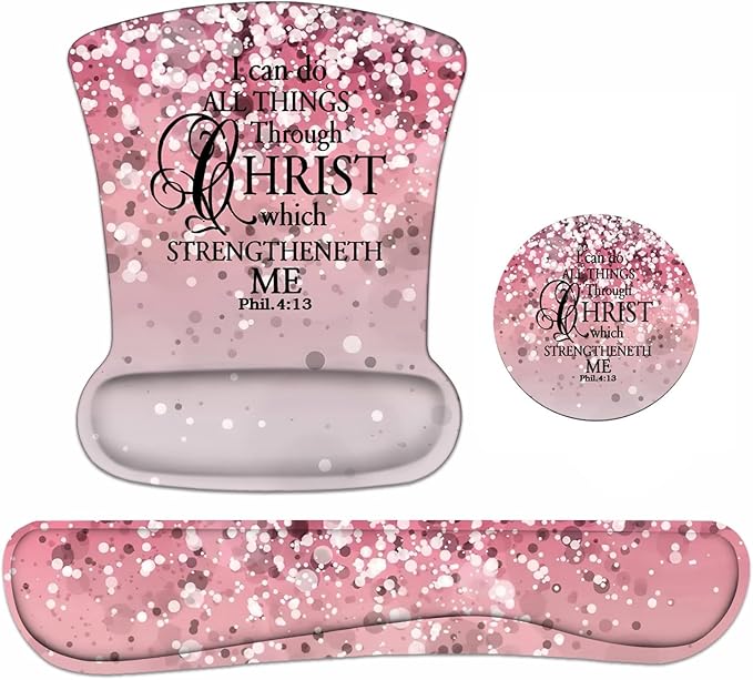 Keyboard Wrist Rest and Mouse Pad Wrist Support Set with Coasters, Non-Slip PU Base Ergonomic Gaming Mousepad for Home Office Working Studying Easy Typing & Pain Relief, Bible Verse Phil 4-13