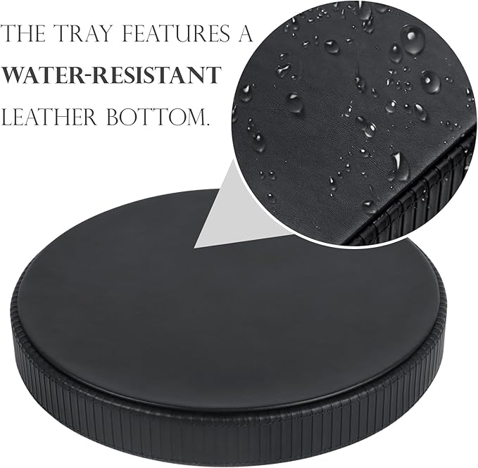 HofferRuffer Round Decorative Tray, Faux Leather Vanity Tray Decor, Decorative Catchall for Perfume, Bathroom Valet, Nightstand or Dresser, 12 x 12 x 1.6 inches (Black Stripe)