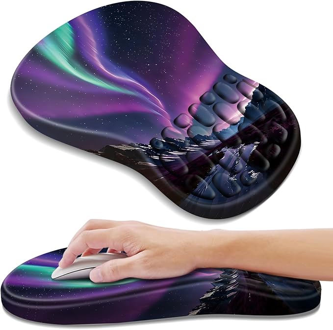 YIWEI Ergonomic Mouse Pad with Wrist Support - Gel Memory Foam Mouse Mat for Computer Keyboard & Laptop - Non-Slip Base, Pain Relief for Home Office & Gaming - Aurora/Northern Lights
