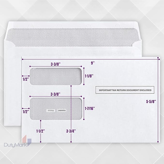 500 1099 Tax Envelopes, Self-Seal for 1099 Misc, R, DIV, INT, 1095 C, Printed Laser Forms from Quickbooks or Similar Tax Software, Double-Window Security tinted, 5 5/8 x 9, Box of 500 Envelopes