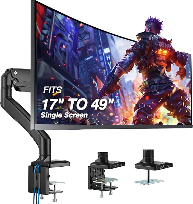 AVLT Single 17"-49" Super Ultrawide Monitor Arm for Screens Up to 50 lbs, Premium Aluminum Desk Stand, Adjustable Pneumatic Height, Full Motion Swivel Tilt Rotation, USB 3.0 & AUX Ports, Black