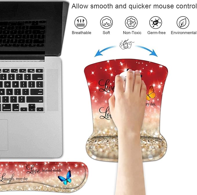 Keyboard Wrist Rest and Mouse Pad Wrist Support Set with Coasters, Non-Slip PU Base Ergonomic Mousepad for Computer Laptop Home Office Easy Typing & Pain Relief, Red Glitter Quote Live Laugh Love