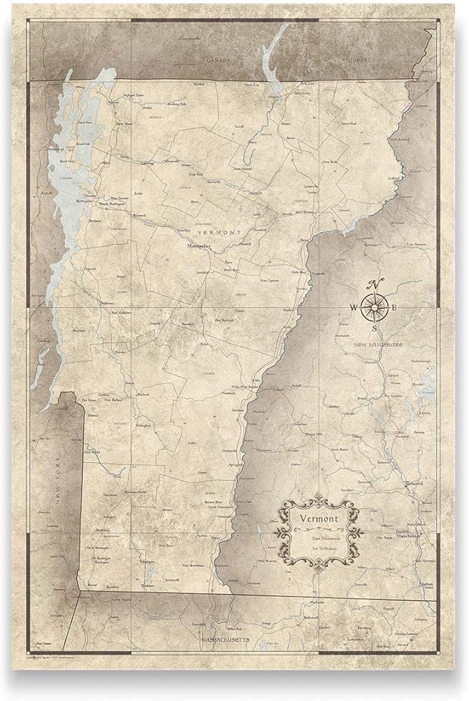 Conquest Maps Push Pin Vermont Map Board - With Push Pins to Mark Vermont Travels - Handmade in Ohio, USA - Design: Rustic Vintage