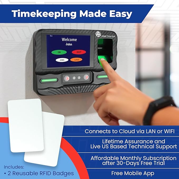 Biometric Time Clock for Employees Attendance - Subscription Clock in Machine for Employees - Pin, Face Scanner, Palm & Fingerprint Time Clocks for Employees Small Business - 2 RFID Time Clock Cards