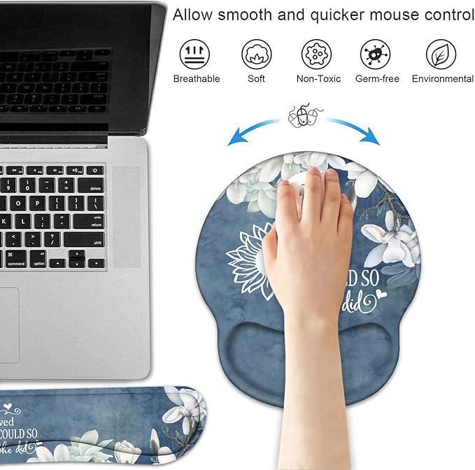 Keyboard Wrist Rest and Mouse Pad Wrist Support Set with Coasters, Inspirational Quote She Believed She Could So She Did Wrist Support Mouse Pad with Non-Slip PU Base for Computer Laptop Home Office