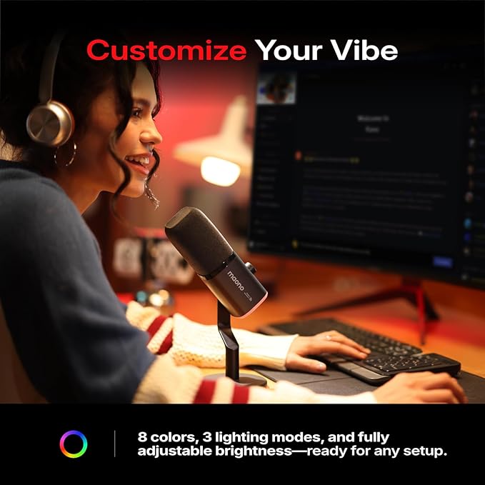 MAONO PD100W Wireless/USB Microphone, PC Gaming Mic with One-Click Noise Reduction,Mute Button,Custom RGB, 3.5mm Headphone Jack, Desktop Dynamic Streaming Mic for Recording,Podcasting, Black