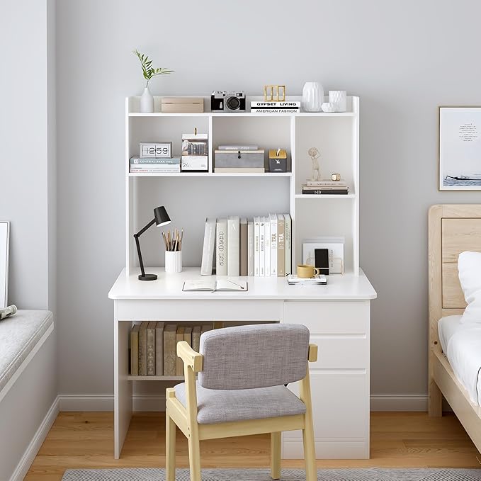 Wooden Desktop Hutch Bookshelf - Free Standing Desk Storage Shelf with Top Edge for Computer Desk, Desktop Bookcase for Dorm, Home or Office, Countertop Organizer, White, 45.3"