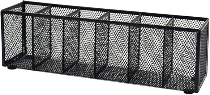 Black Mesh Pen Pencil Holder, Small Metal Desk Organizer Desktop Stationery Office Supplies Acessories Storage Stand, 6 Compartments Brushes Holder for Home School Classroom Teachers