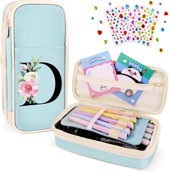 Preppy Pencil Case for Girls, Cute Large Pencil Pouch, Personalized Initial Pencil Bag with Zipper for School College Office Supplies, Back to School Supplies Gifts for Teen Girls (D, Blue)