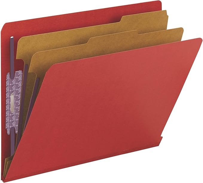 Smead 100% Recycled End Tab Pressboard Classification File Folder with SafeSHIELD Fasteners, 2 Dividers, 2" Expansion, Letter Size, Bright Red, 10 per Box (26783)