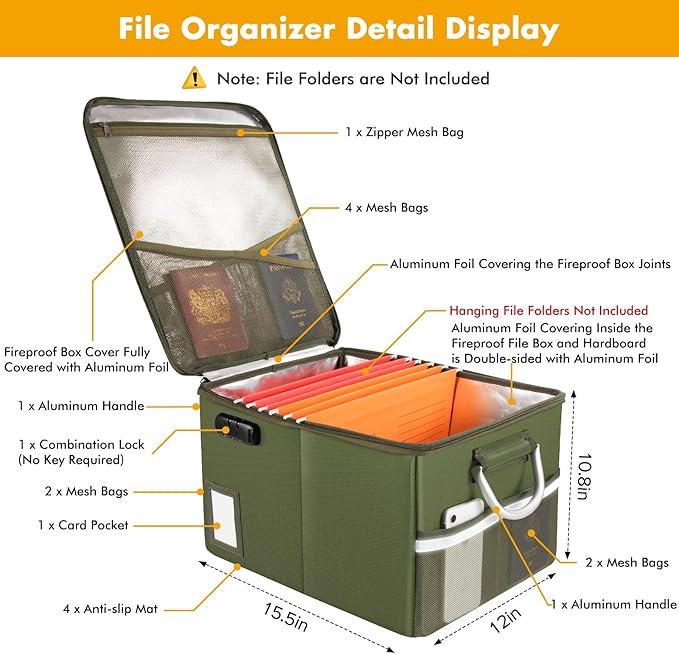 TOMKID 5200°F Fireproof Document Box, Fire Important Document Organizer with Lock, Upgraded Heat Insulated Filing Storage Cabinet Office Organization (5200°F Fireproof Box, Green)