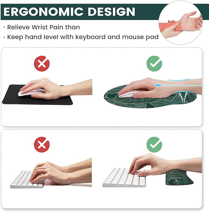 iLeadon Ergonomic Mouse Pad with Wrist Support, Easy Typing & Pain Relief, Keyboard Wrist Rest and Mouse Pad Set with Non-Slip Base for Computer Home, Green Leaves