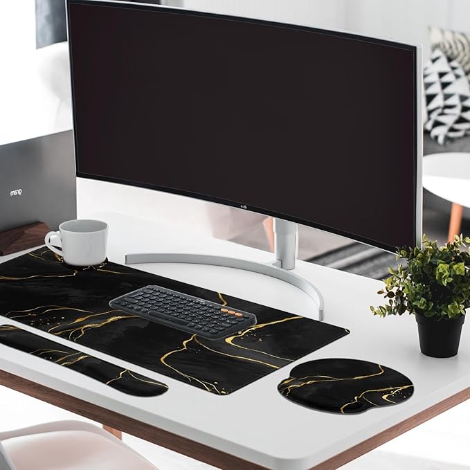 Britimes Black Gold Marble Keyboard Mouse Pad Set 4in1 Large Mousepad+Keyboard Wrist Rest+Mouse Wrist Rest+Coaster Ergonomic Design for Home Office Computer 35.4x15.7 inches