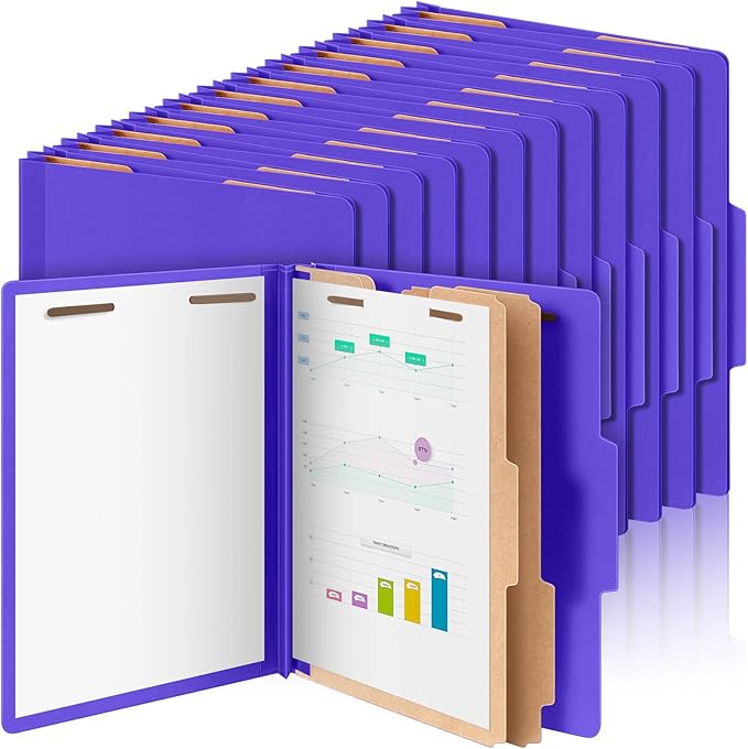 Skyygemm 24 Pcs Classification Folders Letter Size Bulk - 2 Dividers Pressboard File Folder with 3. 5 Inch Expansion, 2 Prongs Fastener, Heavy Duty Office File Organizer for Teacher Medical (Purple)