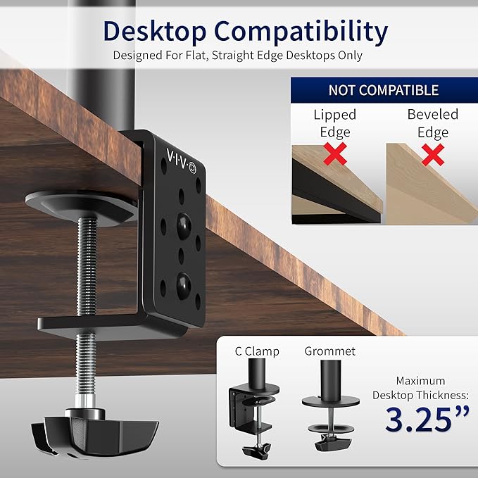 VIVO Single 13 to 38 inch Ultrawide Monitor Arm Desk Mount, Regular Screens up to 32 inches, 22 lbs capacity, Fully Adjustable Stand with C-Clamp and Grommet Base, Black, STAND-V001