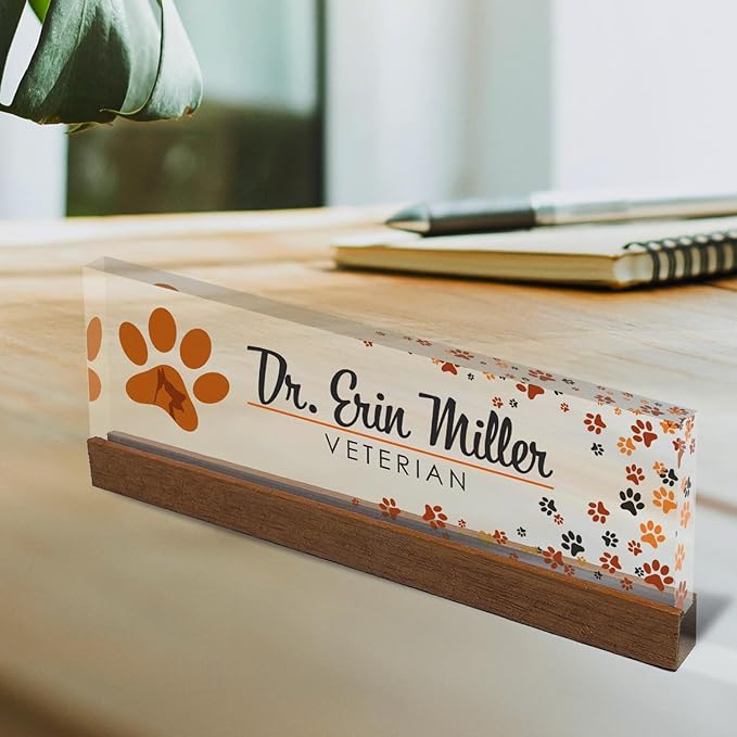 Artblox Personalized Office Desk Name Plate and Business Card Holder | Clear Acrylic Glass with Teak Wood Stand | Vet Animal Design Customized with Your Name and Credentials Office Desk Décor