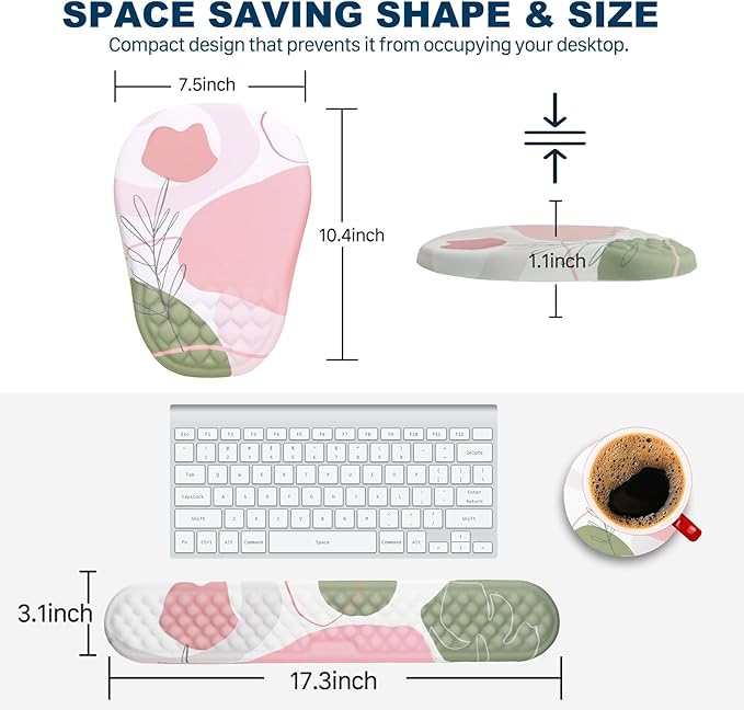 Ergonomic Mouse Pad and Keyboard Wrist Rest with Massage Design, Space-Saving Mouse Pad Wrist Support, Memory Foam Wrist Rest with Non-Slip PU Base for Computer Desk, Rose