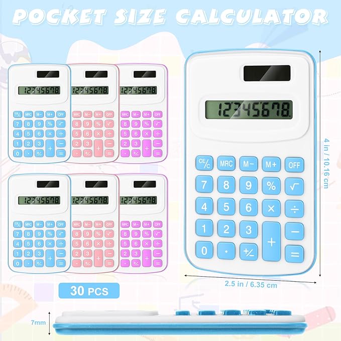 Treela 30 Pcs Pocket Size Calculator for Students Bulk Mini Handheld Cute Basic Standard with Button Battery 8 Digit Display Desktop Calculator for Office, School (Gentle Color)