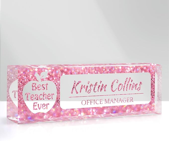 Custom Name Plate for Desk, Personalized Desk Name Plate on Clear Acrylic Glass, Appreciation Gifts for Teacher Employee Boss Coworkers Nurse, Office Desk Accessories for Women Men (Taffy)