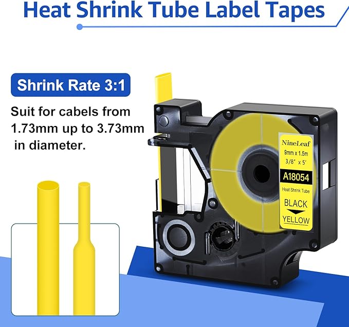 NineLeaf 10 Pack Compatible for Dymo 18054 Black on Yellow Heat Shrink Tube Labels 9mm 3/8'' Industrial Label Tapes for Wires and Cables for Rhino 4200 5200 5000 6000 3M Label Maker
