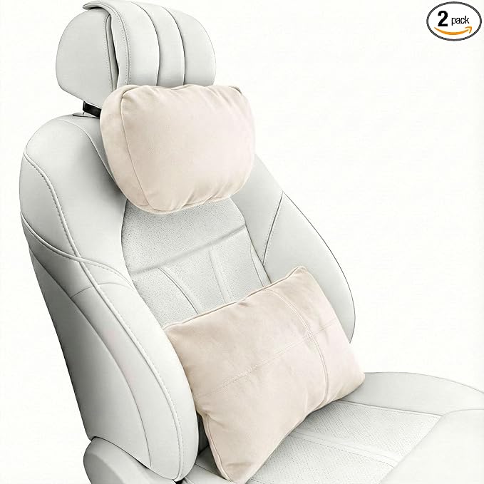 2PCS Car Pillow for Car Neck Pillow for Driving Seat Lumbar Support Soft Cushion with Extra Filling Accessories Back Support for Travel Nap and Trips Sleeping(Beige, Head and Lumbar)