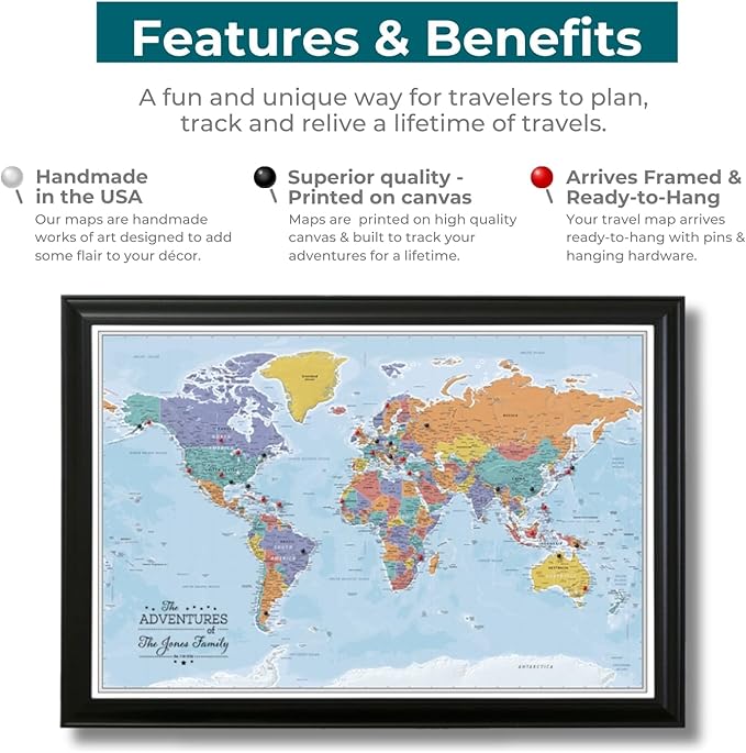 Push Pin Travel Maps Canvas - Personalized Blue Oceans World with Solid Wood Brown Frame