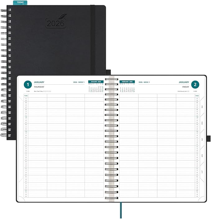 BEZEND Daily Appointment Book 2026 Page per Day Even Weekends (Large-8.25" x 11.75") 15-Minute Timeslots in 4 Columns, Monthly Planner with Tabs & Week Schedule, PU Leather Softcover in Black