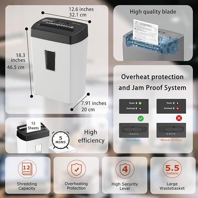 Bonsaii 12-Sheet Cross Cut Shredder, P-4 High Security, 5.5 Gal, Heavy Duty for Home Office, Shreds Paper, Credit Card, Mail, Staples, with Transparent Window, White & Black
