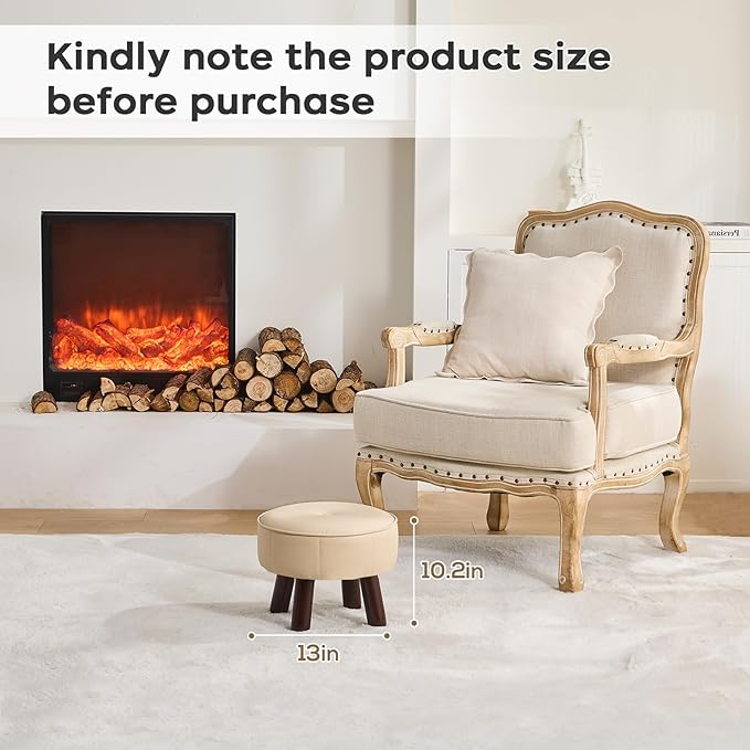 13in Small Foot Stool Ottoman, Round Faux Leather Foot Rest for Couch, Under Desk Pouf Footstool Footrest with Non-Skid Rubber Legs for Ling Room, Bedroom, 13''L x 13''W x 10.2''H, Beige