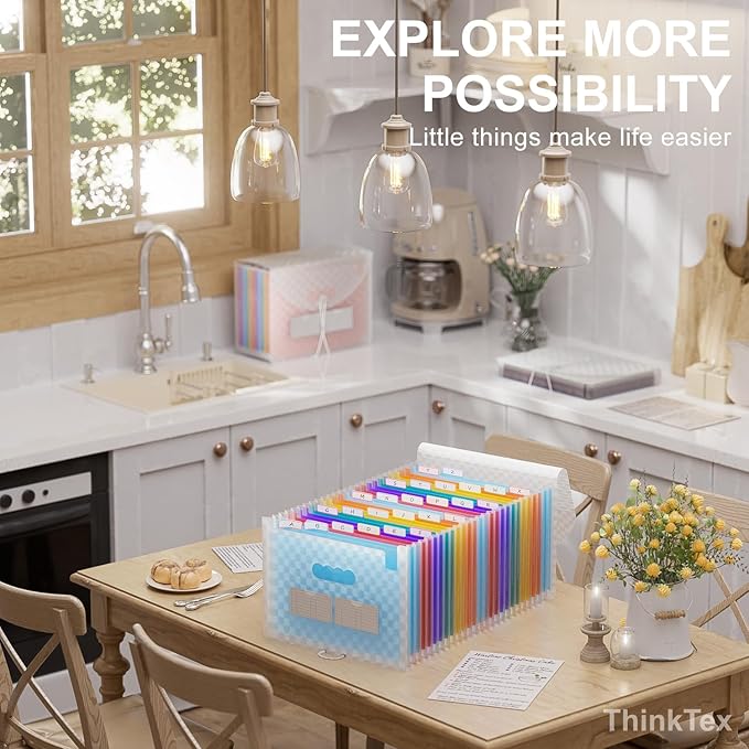 ThinkTex Accordion File Organizer, 26 Pockets Expanding File Folders, Monthly Bill Receipt Documents Organizer, A-Z Colorful Tabs, Letter/A4 Size - Blue