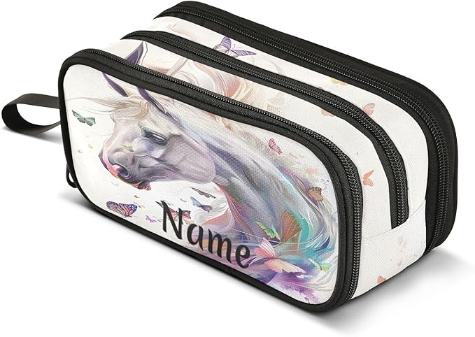 Custom White Horse Butterflies Pencil Case Box Boys Girls Personalized Name Large Pencil Pouch Stationery Pen Bag Organizer for Kids Adults School Office