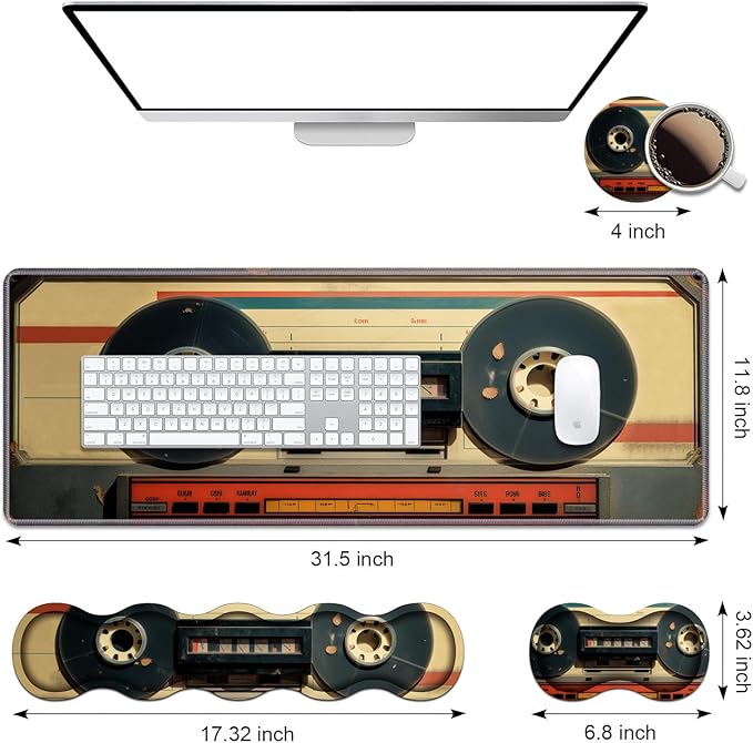 Ergonomic Keyboard Wrist Rest & Mouse Pad Wrist Rest Set, Large XXL Gaming Desk Mat 31.5"x 11.8" with Memory Foam, Easy Typing Pain Relief for Office & Home, Retro Tape Recorder