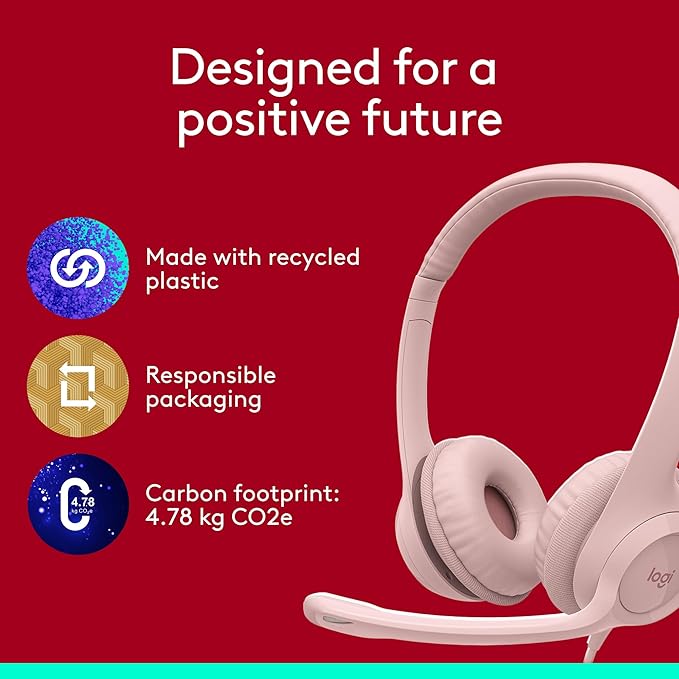 Logitech H390 Gaming Headphones, Wired Headphones with Mic, USB Headset with Microphone for PC, Noise Cancelling Microphone for Video Meetings, Music, Gaming - Rose