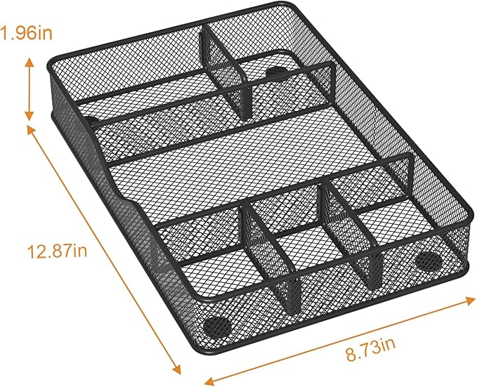 Desk Drawer Organizer Tray, Metal Mesh Drawer Organizer for Office & Home, 6 Adjustable Compartments, Black, 2 Pack - 12.87x8.73x1.96 inch