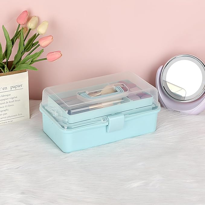 BTSKY 3-Layer Plastic Dividing Storage Box Craft Organizer and Storage with Adjustable Spacers Portable Handled Art Supply Organizer Multipurpose Home Utility Box for Medicine, Sewing(Blue)