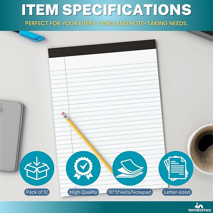1InTheOffice Note Pads 8.5 x 11, Wide-Ruled Letter Size Writing Pads, White 50 Sheets per Notepads, 12 Pack