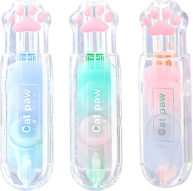 JUDENMEY 3Pcs Retractable White Correction Tape,Cute Cat Paw Correction Tape Pens, Mini Aesthetic Pen Shaped White Applicator with Easy to Use Out Tape for Back to School Office Supplies