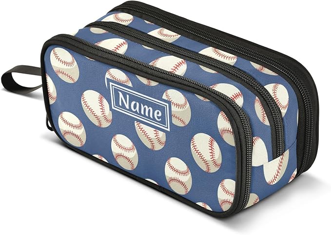 Custom Baseballs Ball Blue Pencil Case Box Boys Girls Personalized Name Large Pencil Pouch Stationery Pen Bag Organizer for Kids Adults School Office