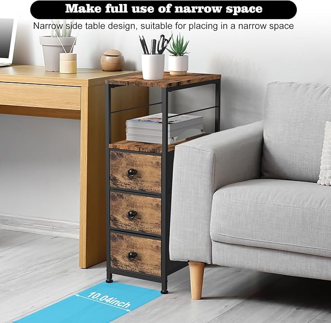 YBING Narrow Dresser for Bedroom, Dresser with 3 Fabric Drawers, Slim Bedside Table with Open Storage Shelf, Small Side Table for Small Spaces, Brown